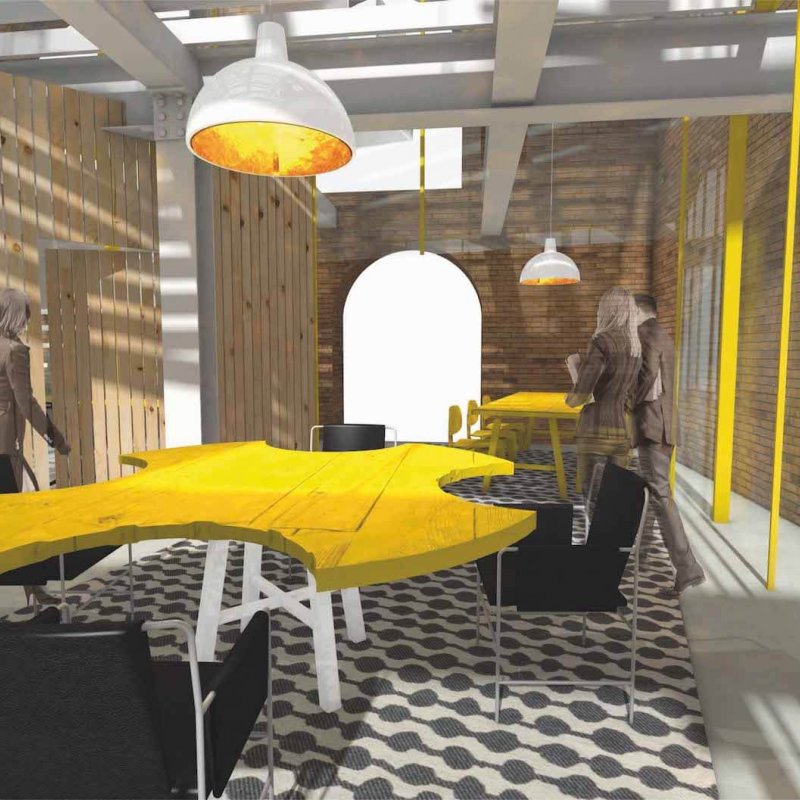 Digital artwork of interior with yellow table and black chairs with wooden and brlck walls