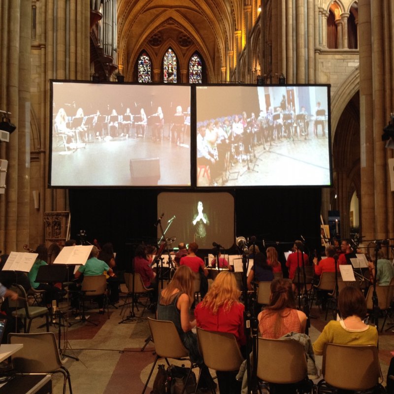 Group of people playing musical instruments in front of screens in a cathedral