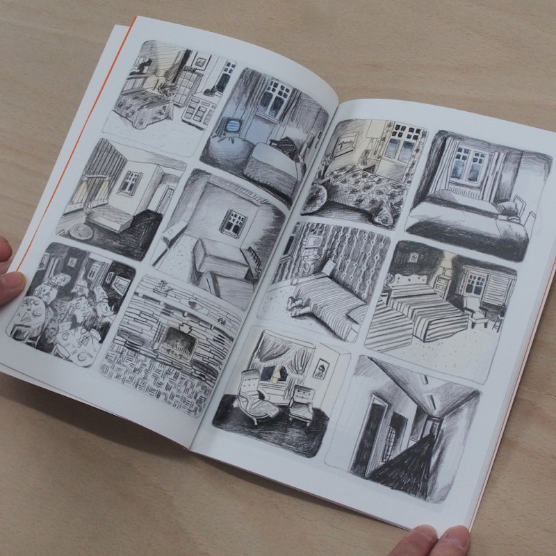 Inside spread of illustrations of house interiors