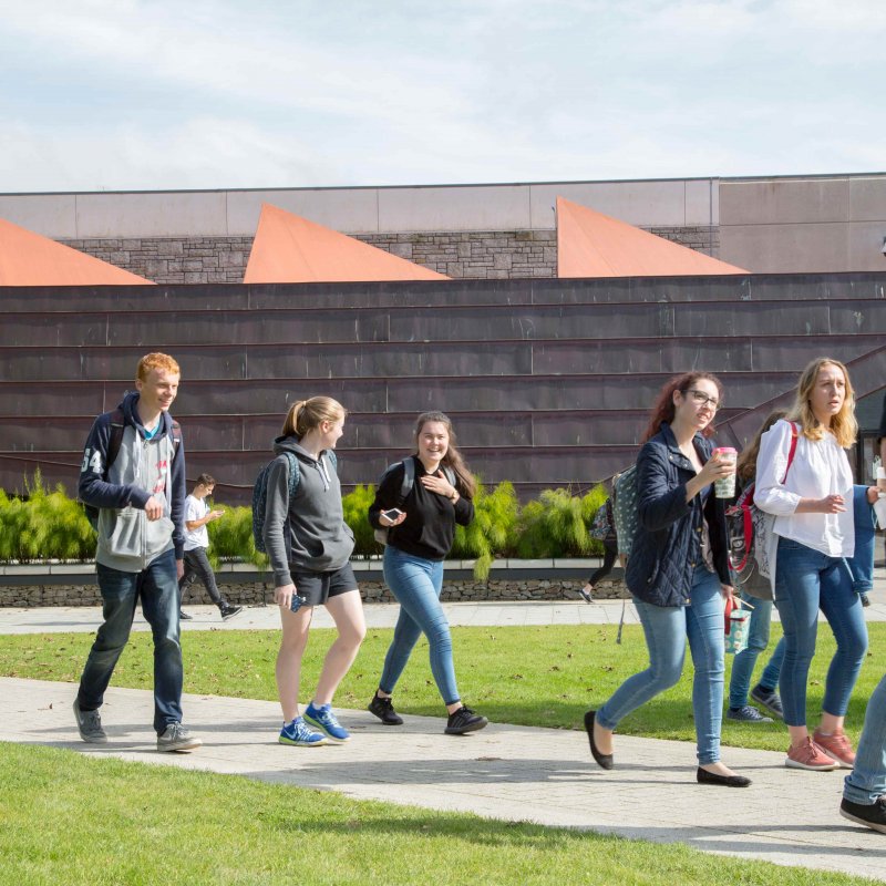 Students walking across campus.