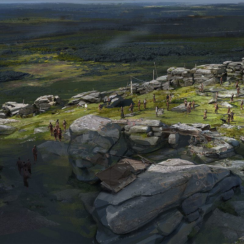 Rural digital illustration concept, a gathering of people surrounded by stacked up rocks.