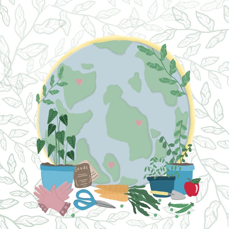 Illustration shows vegetables and plants growing around an image of the earth.