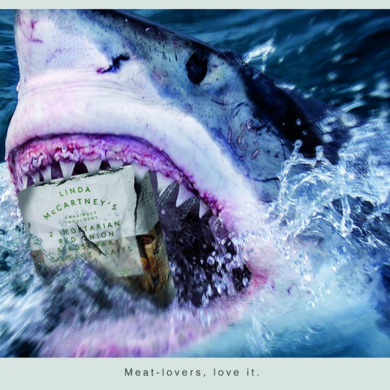 Shark breaks through the surface of the water with a box of Linda McCartney's sausages in it's mouth.  
