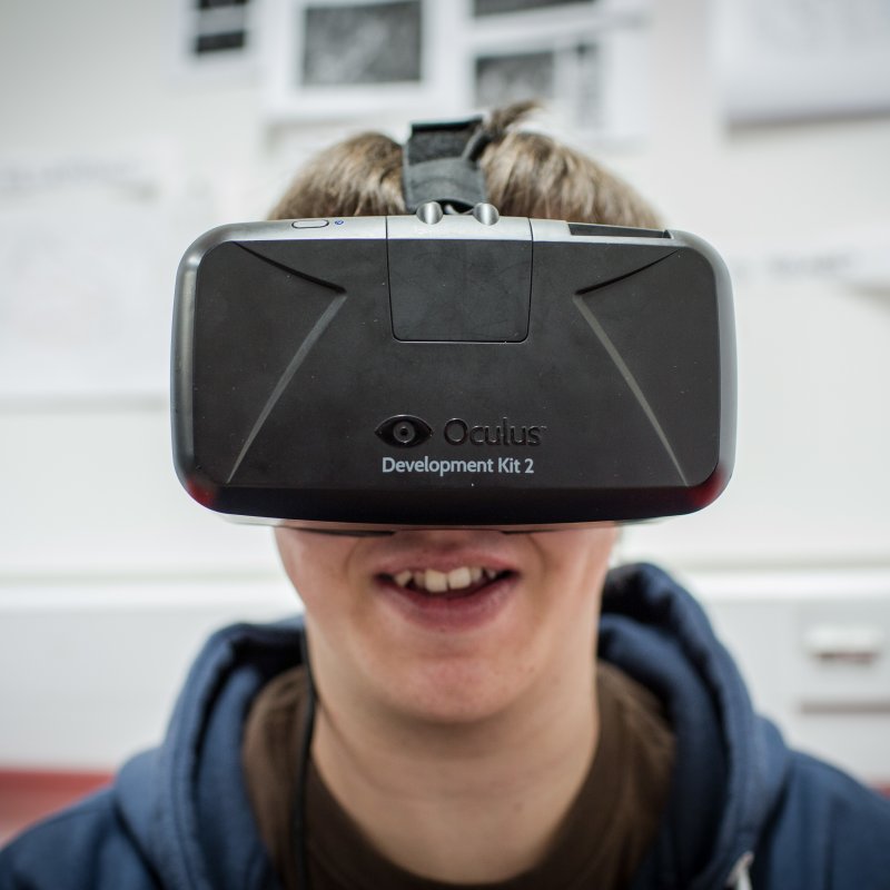 Student wearing a virtual reality headset