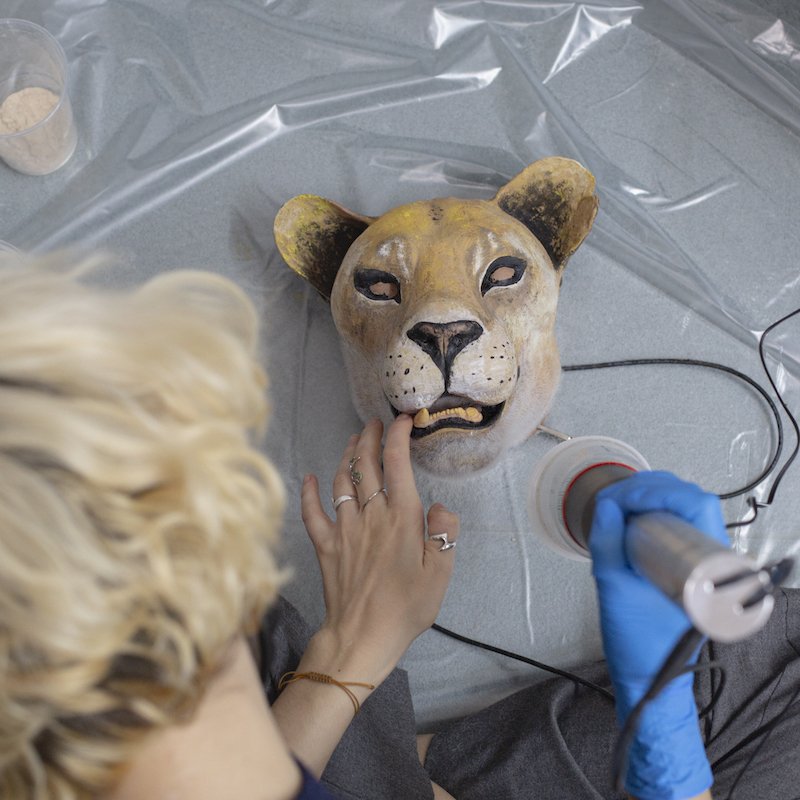 A student working on a model of a lion's head