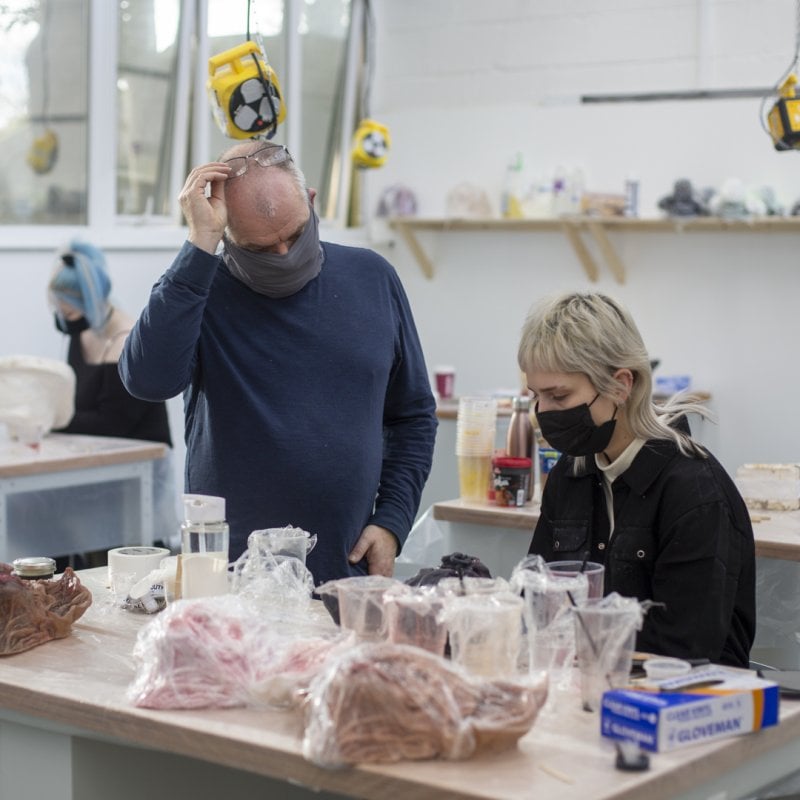 Prosthetic Effects student and lecturer in the studio