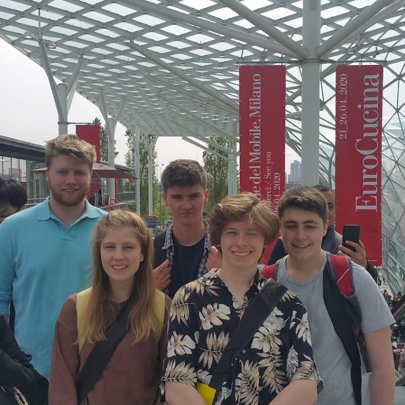 A group of Sustainable Product Design students outside the International Salone del Mobile