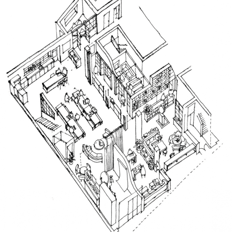 Line drawing of building interior