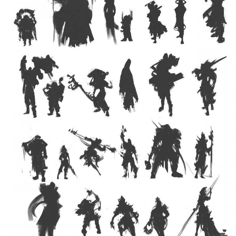 Character silhouettes made with heavy black brushstrokes. 