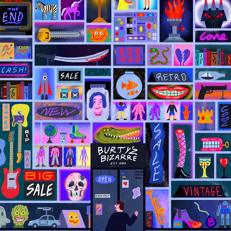 Colourful mural style iIllustration work by graduate Rupert Skelton