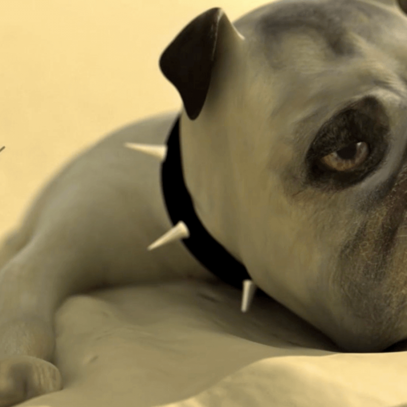 Digital animation of an English bulldog lying on sand.