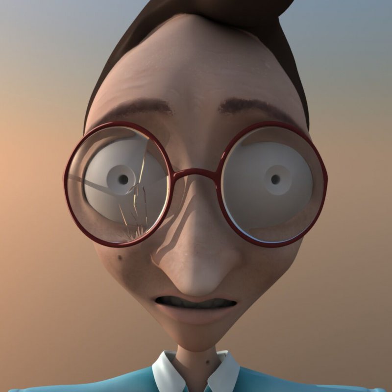 Digital animation of character with large eyes and round red-rimmed glasses.