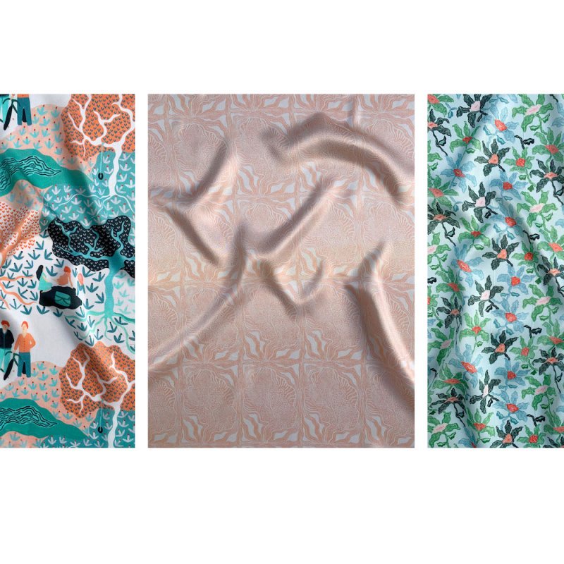 Three fabric samples, two in green and one pink