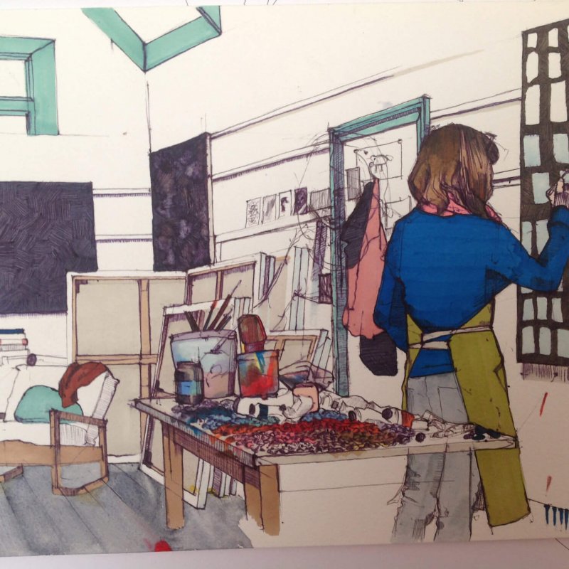 Drawing of artist at work in a studio