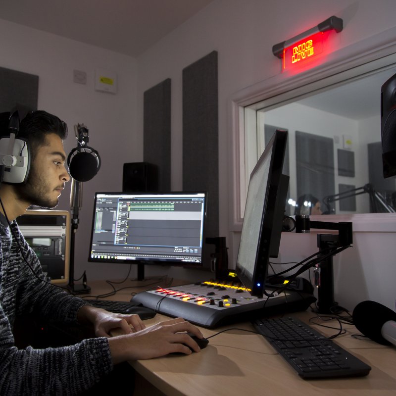 Student in mixing room.