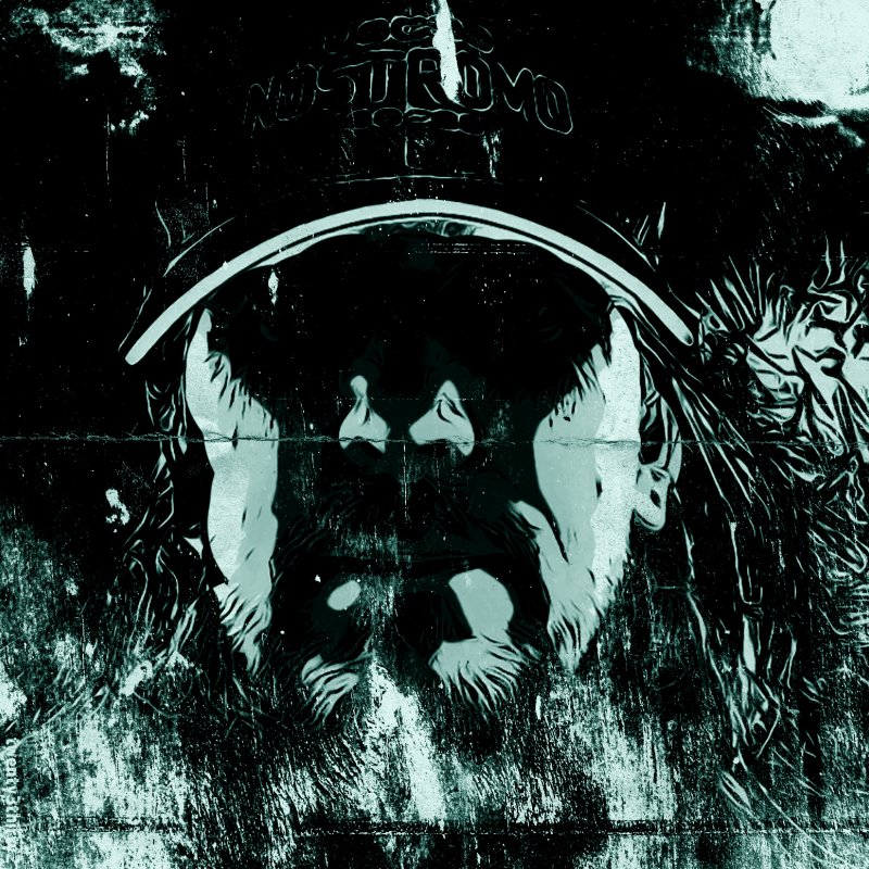 Black and purple artwork of a man in a cap