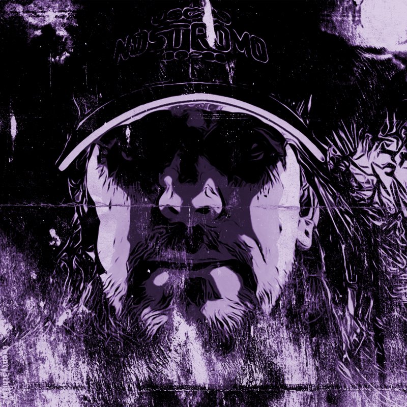 Black and purple artwork of a man in a cap