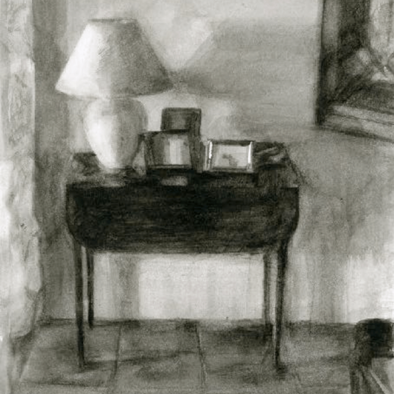 pencil drawing of small table with lamp