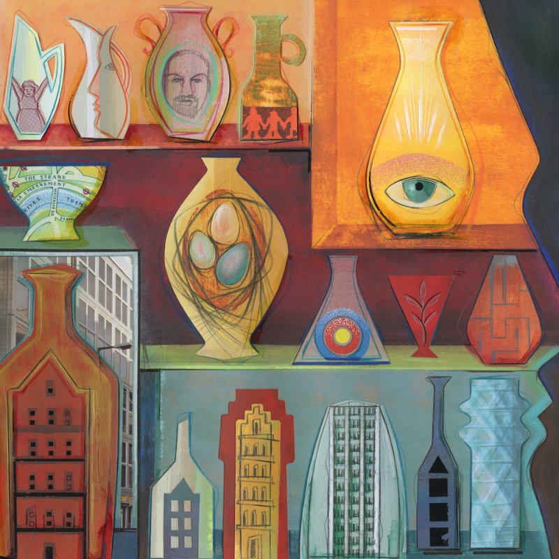 Artwork of shelves with different vases on them