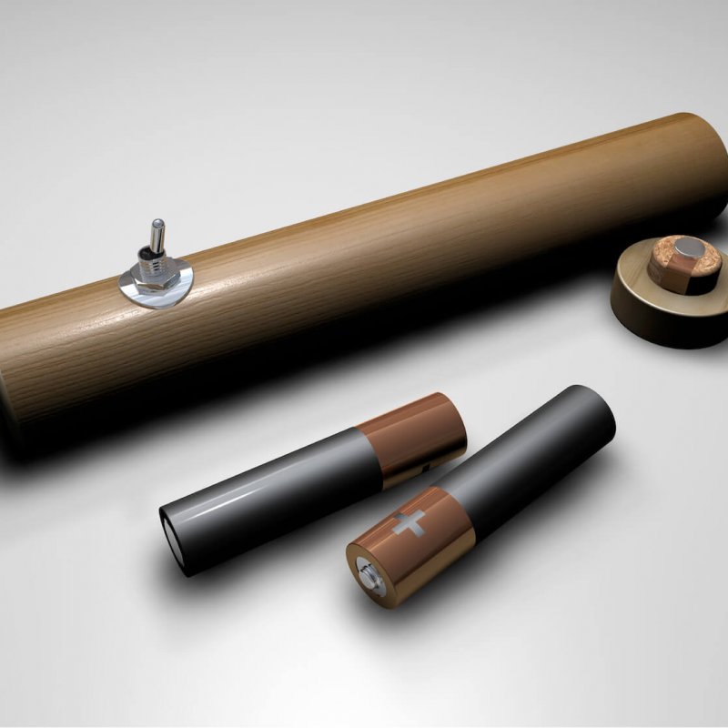 A wooden torch design with batteries