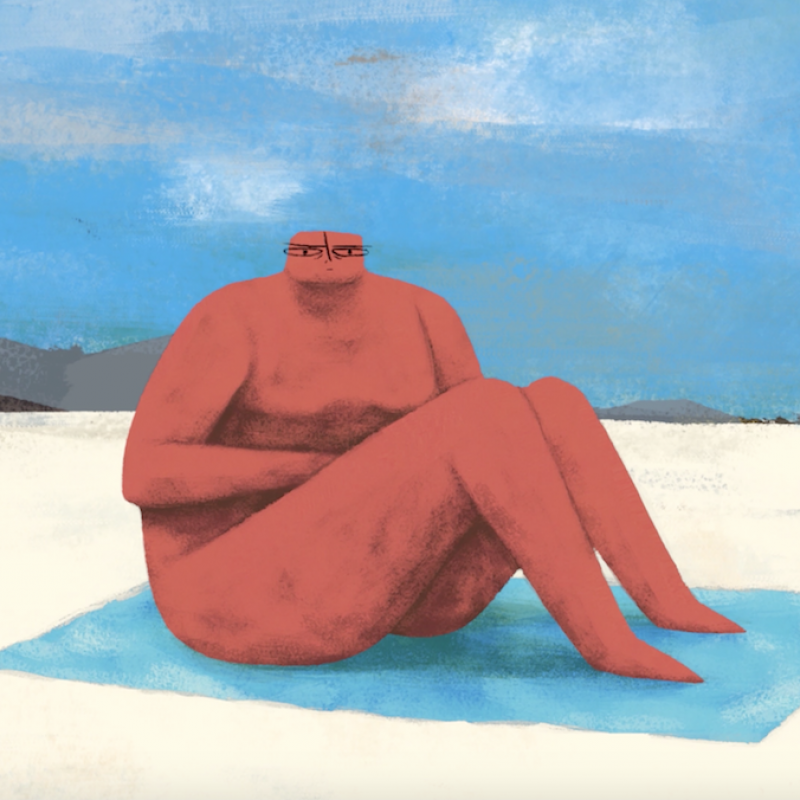 Animation of red figure sitting on a blue towel at the beach