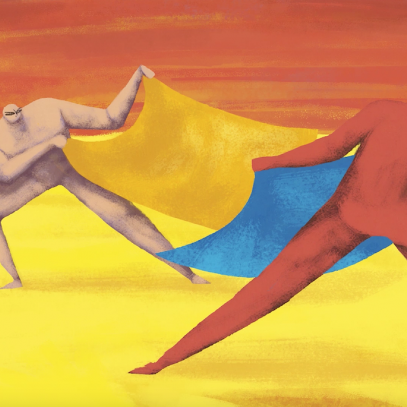 Animation still of two figures holding a large towel