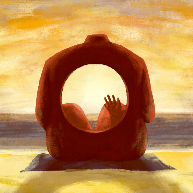 Artwork of body sitting on beach with large hole in torso framing the view