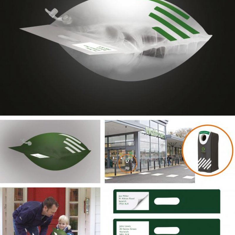 A blow up packaging bag with green stripes.