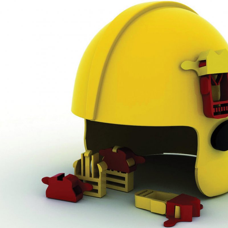 Yellow helmet design with red attachments.