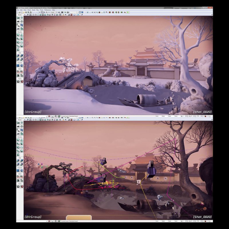 Screenshot of working illustration with cameras placed to show viewpoints during game.