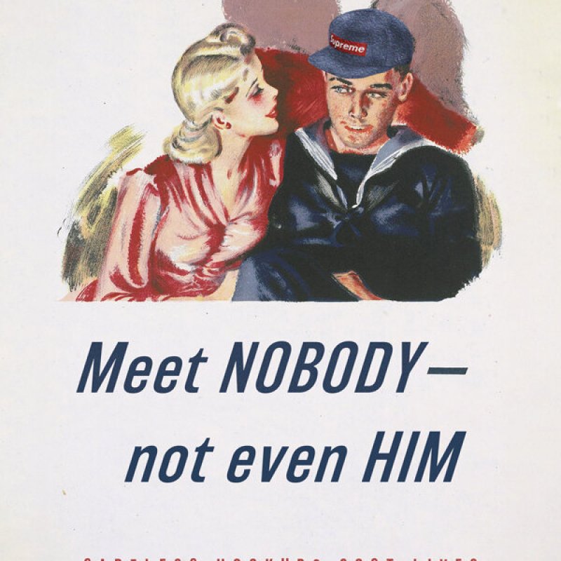 1940s style illustration of a man and woman flirting with the text 'Meet Nobody - not even him'