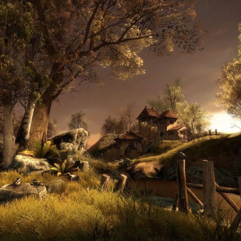 Digital illustration of woodland scene with house and sun on horizon.