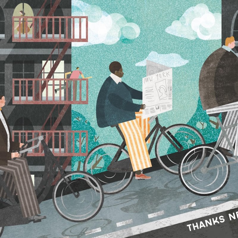 Illustration of large people riding uphill on bicycles in a New York city scene.