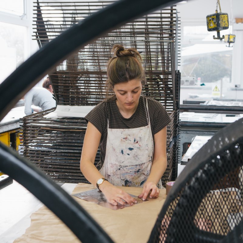 Female student in printmaking studio
