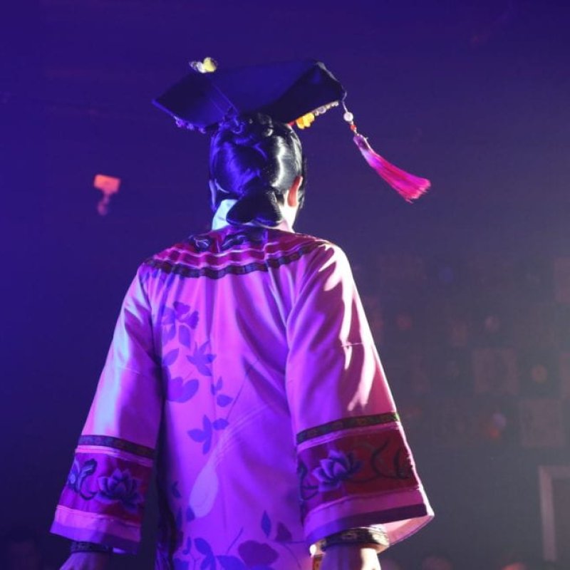 The back of a figure wearing a traditional Chinese costume