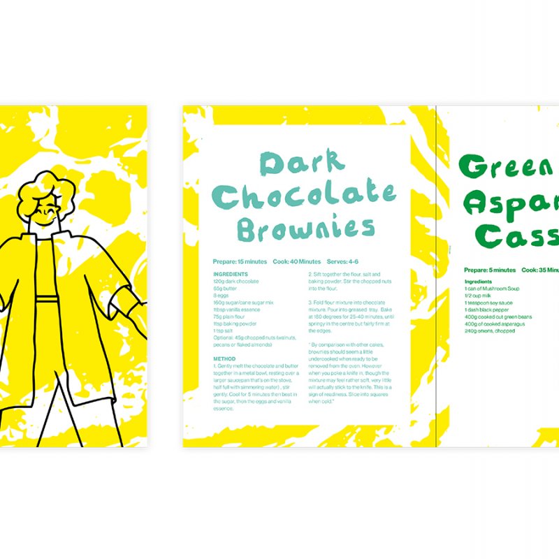 Recipe leaflet design for Falmouth Food Coop with yellow and white background, black line illustrations and black, green and purple text