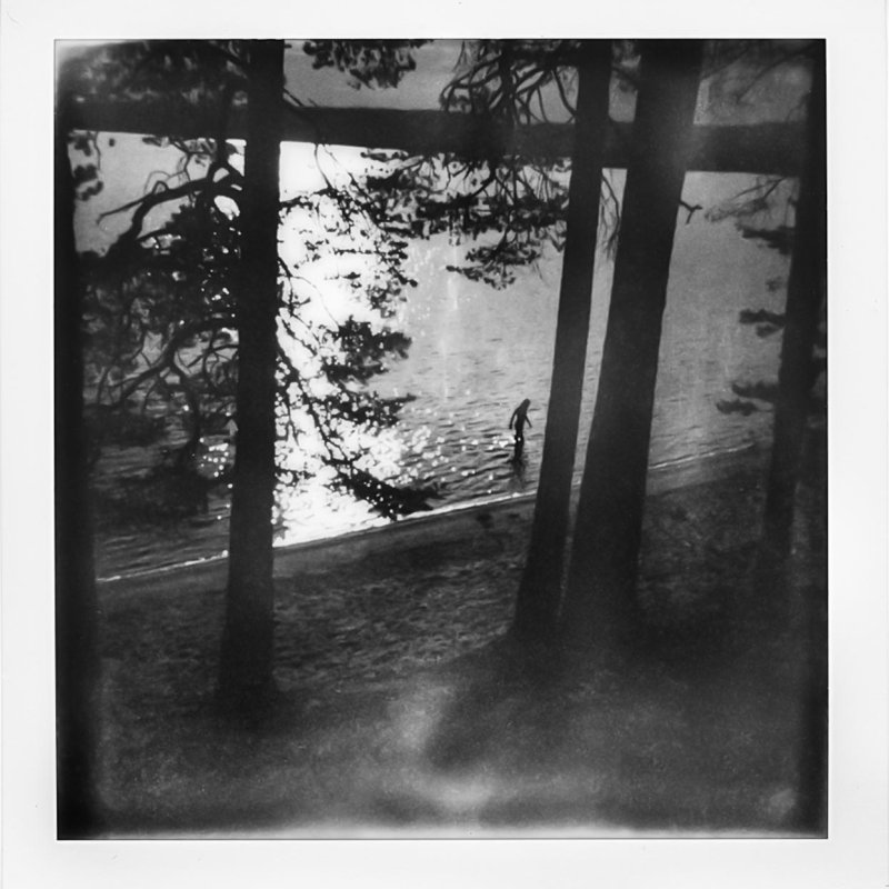 Black and white photo of a person walking out of a lake through trees
