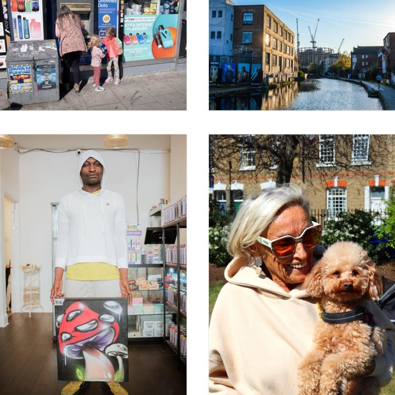 collage of photographs of Bethnal Green with people and dog