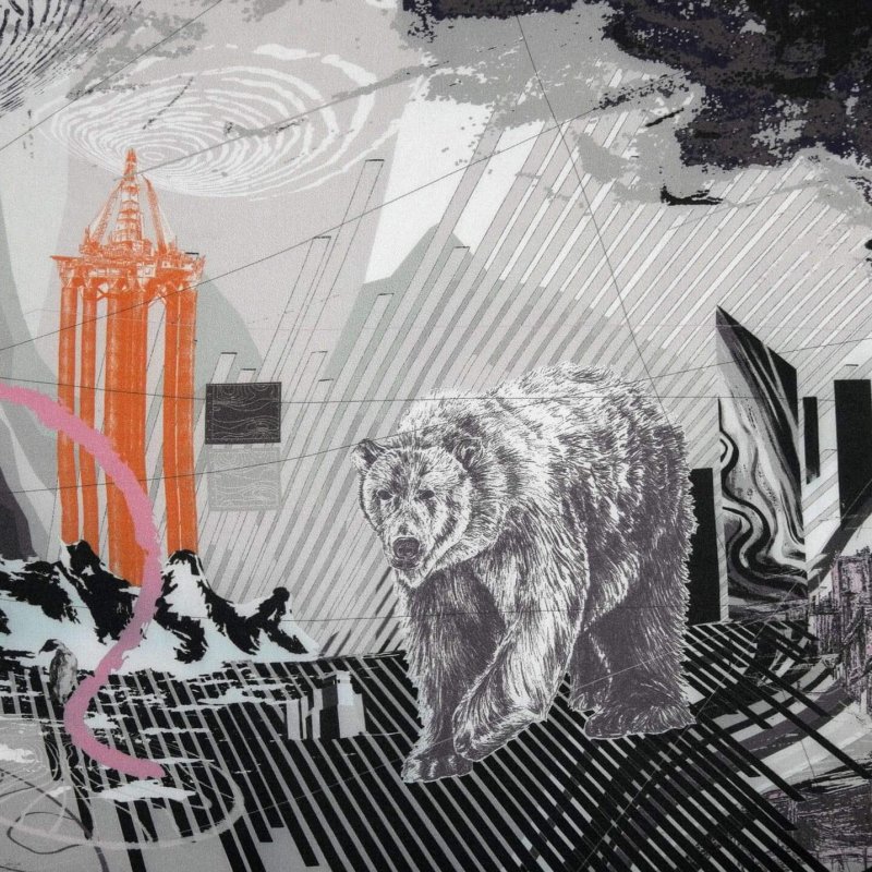 Collage of a bear, mountains and towers