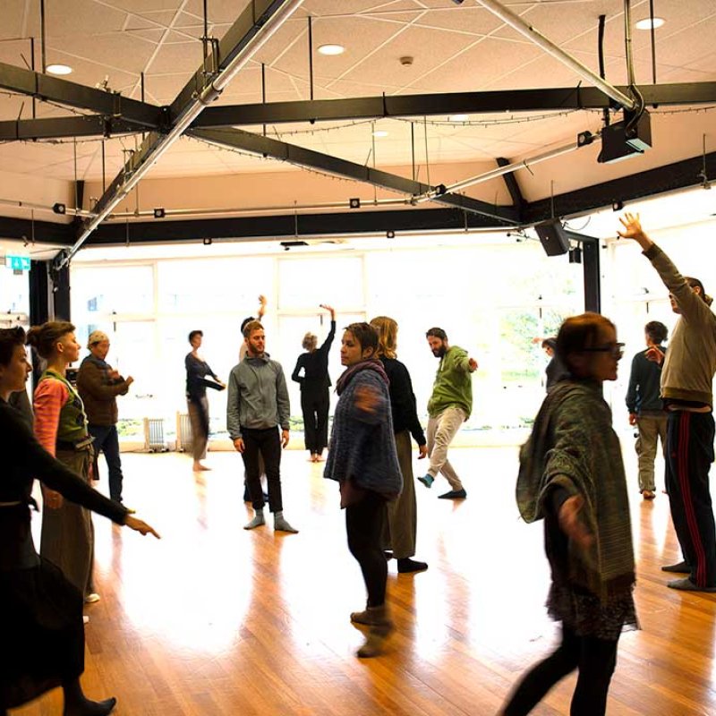 A group of people moving in an artist-led workshop 