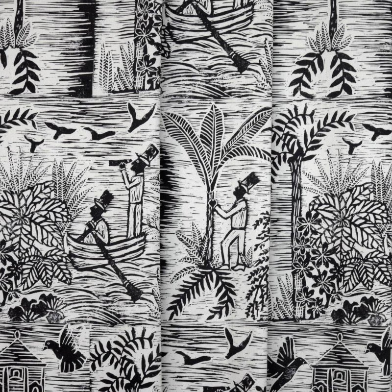 Print of men in a boat with birds and trees