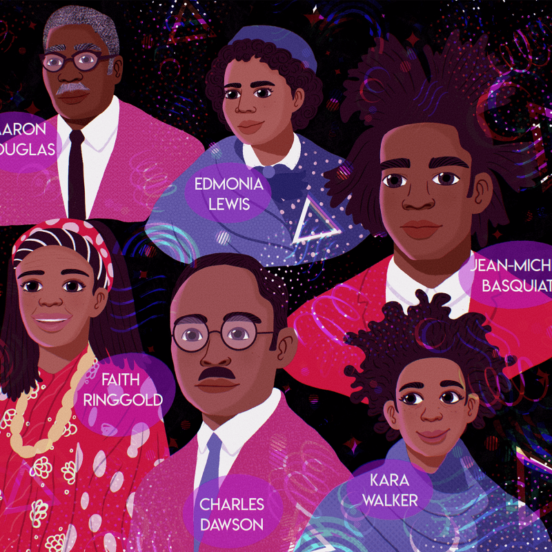 Illustration of six important figures in black history (Aaron Douglas, Edmonia Lewis, Jean-Michel Basquiat, Faith Ringold, Kara Walker, Charles Dawson)