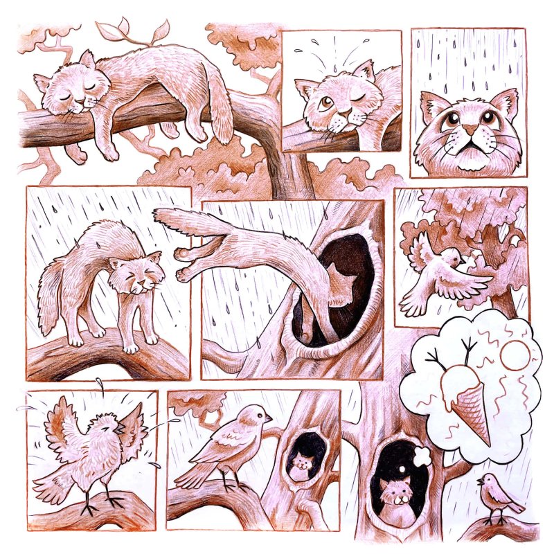 A illustrated comic in tonal colours of a cat sleeping on a branch, it starts to rain and the cat looks upset so he jumps into a hole in the tree, a bird comes along and trys to get into the hole, a thought bubble appears above the cat showing the bird in an icecream cone. Artist is BA Illustration Online student James Bryam
