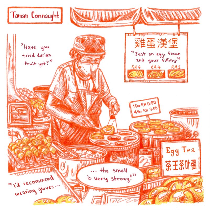 Student illustration work of a vendor selling street food