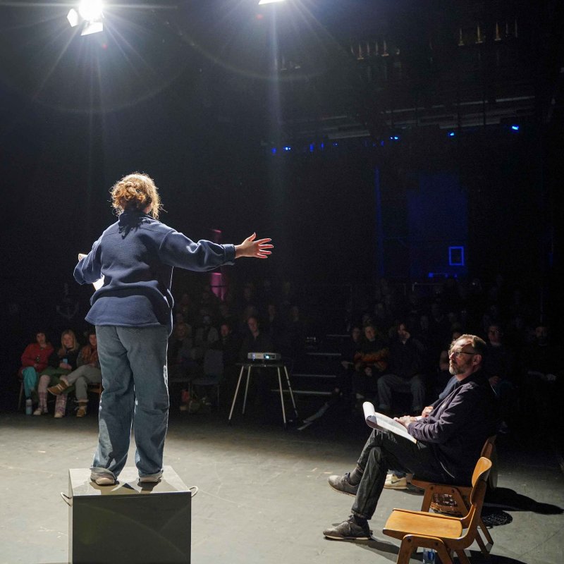 Performer with their back to the camera on stage under a spotlight performing to an audience