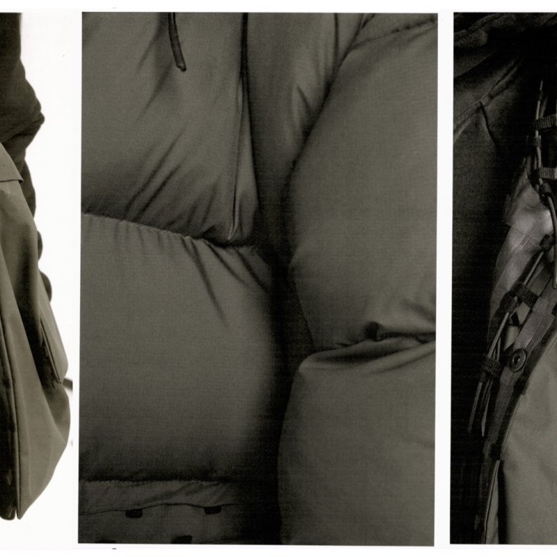 3 close-up photos of the design details of a black weatherproof coat