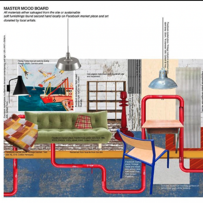 Interior Design drawing of a chairs, lights and a sofa