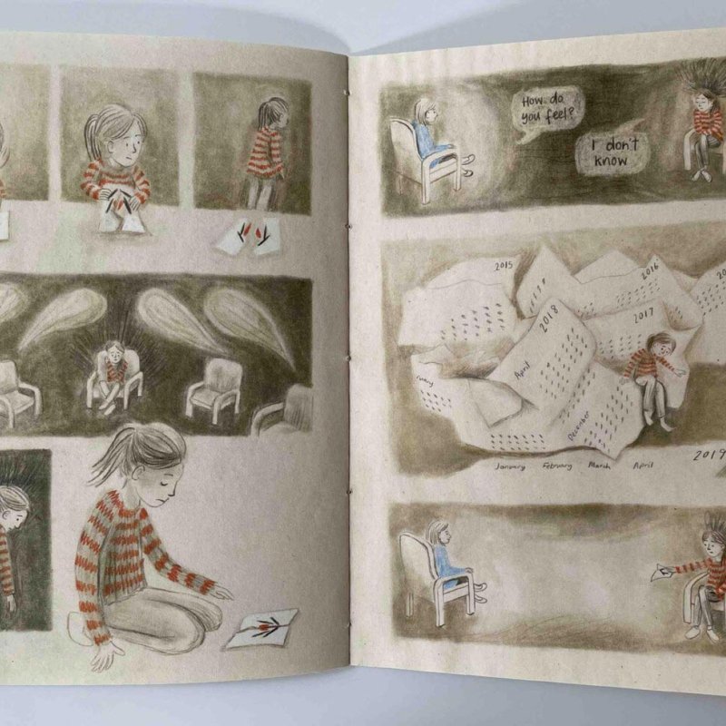 Double page spread from illustrated book by student Charlotte Cree depicting scenes of a young girl in therapy
