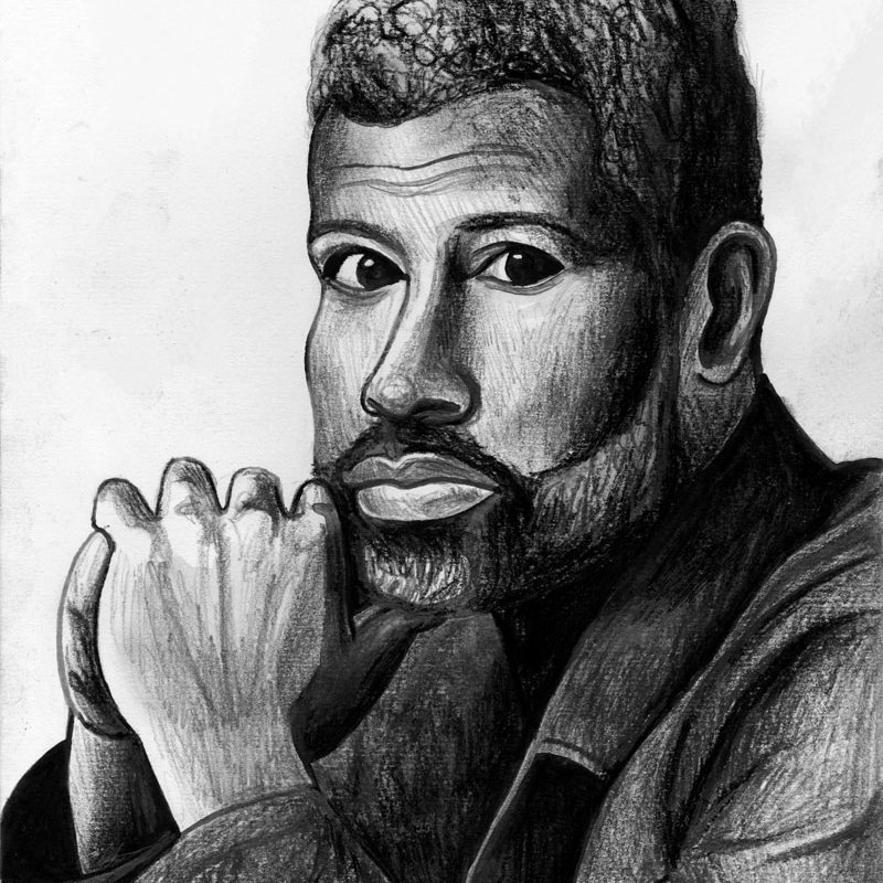 Black and white drawing of Jordan Pelle