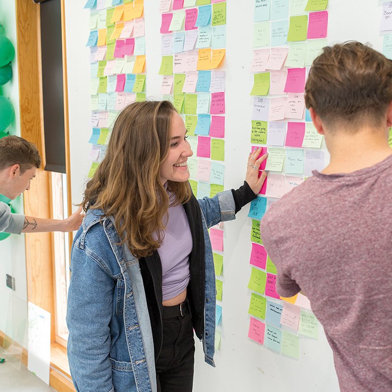 People standing by board with ideas pinned to it